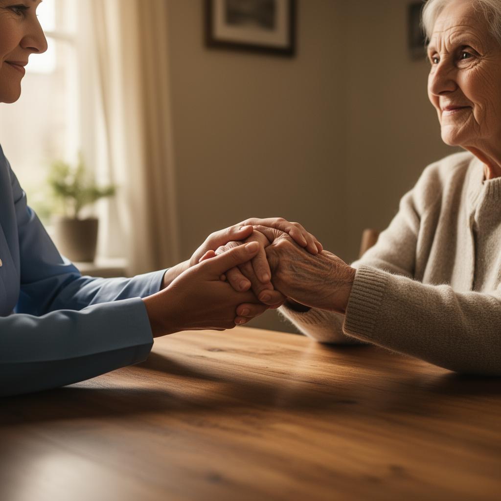 Caregiver and elderly woman holding hands across a table