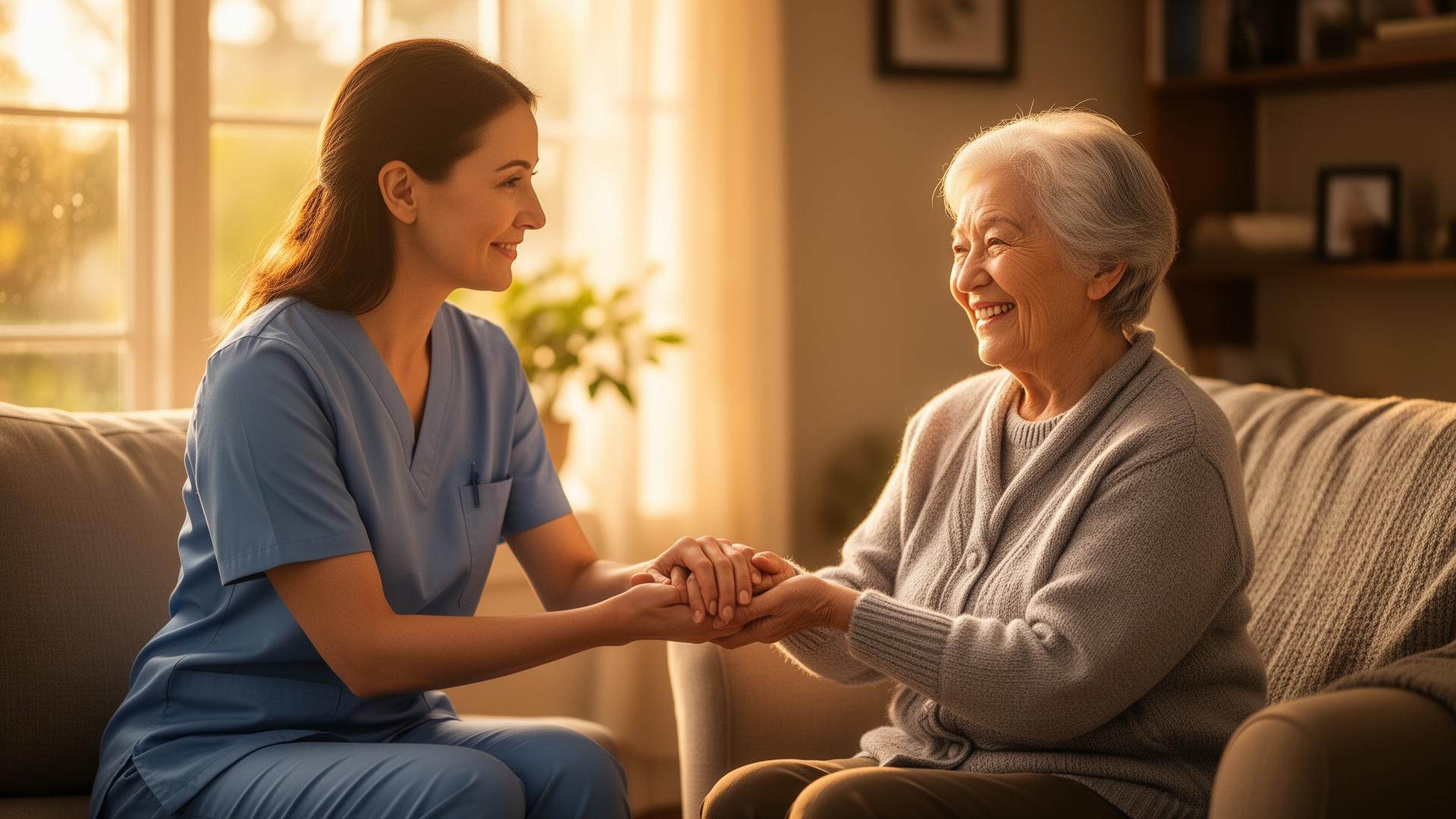 Caregiver holding the hand of a smiling senior in a sunlit living room